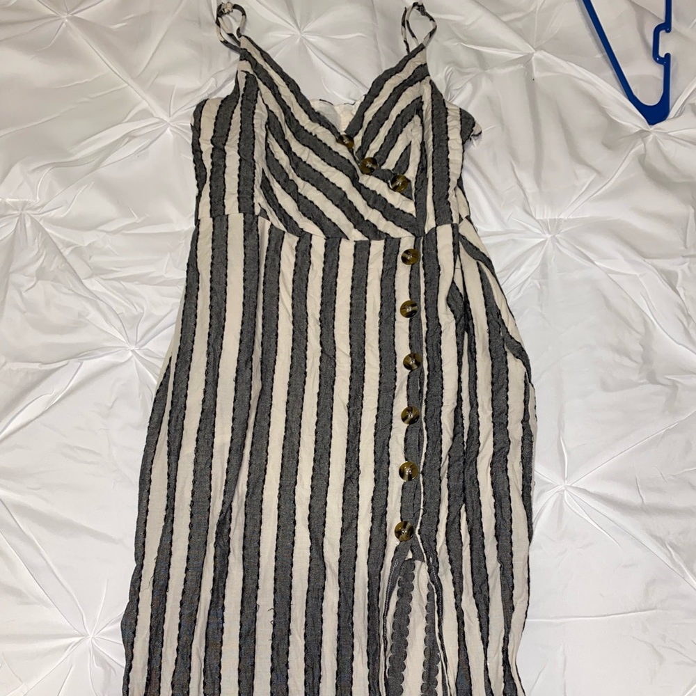 Midi black and white stripe dress with slit